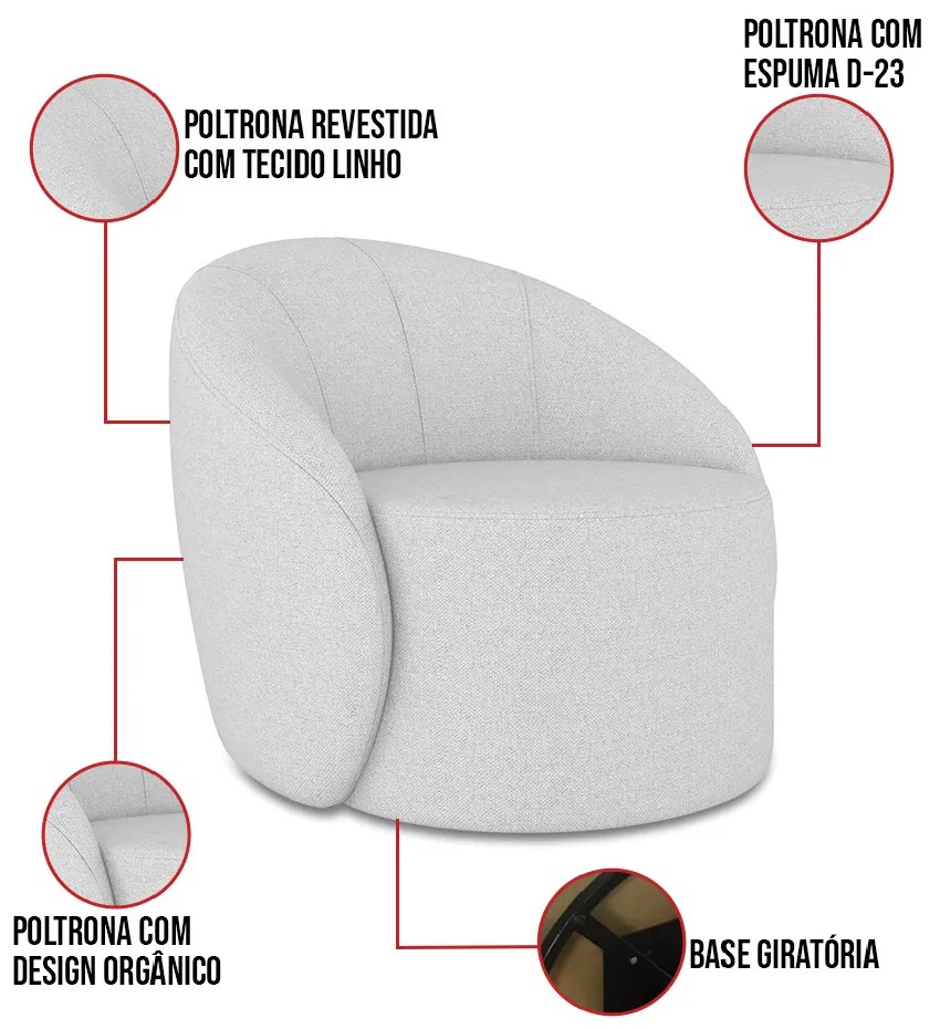 Sofá 3 Lugares Orgânico 160cm Morgan e 2 Poltronas Lua Linho Cinza D03 - D'Rossi