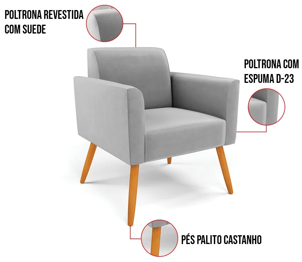 Kit 2 Poltronas Pés Palito Castanho Marisa Suede D03 - D'Rossi - Cinza