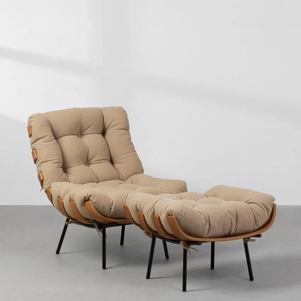 Poltrona com Puff Costela Lona Bege - Poltrona com Puff Costela – Lona Bege
