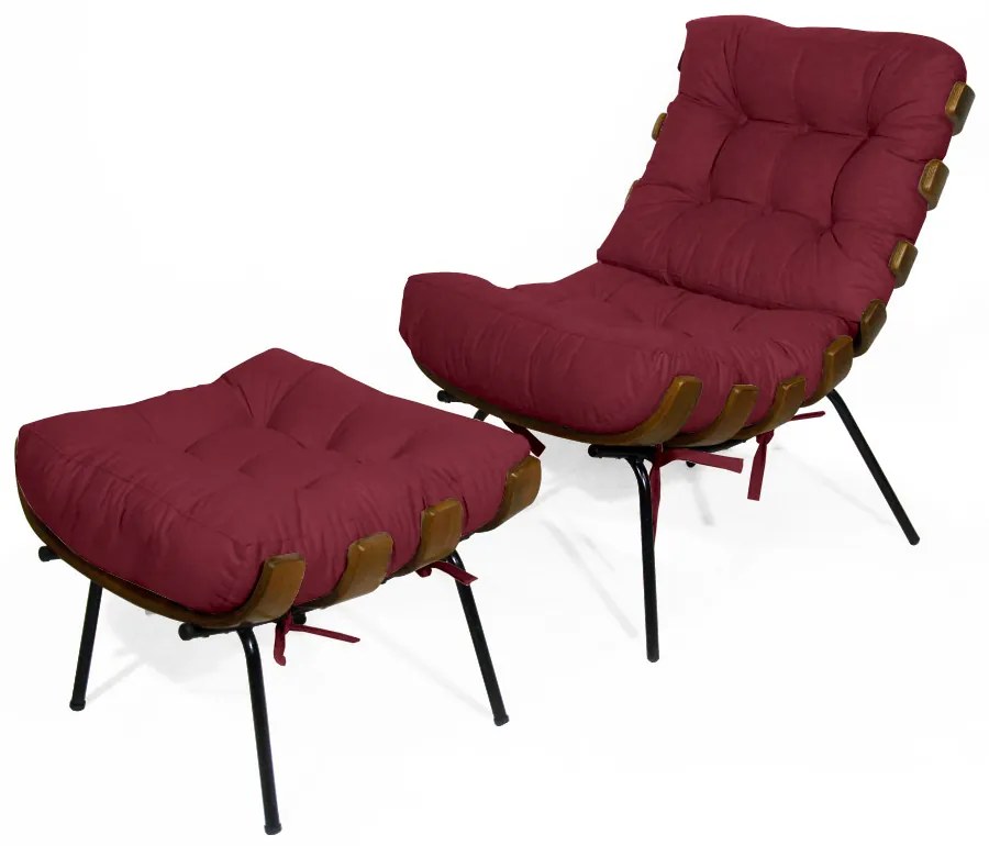 Kit Poltrona Decorativa Costela com puff Costela Suede Bordô