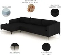Sofá 4 Lugares 306cm Com Chaise Esquerdo Eko Couro Preto Z55 - Mpozena