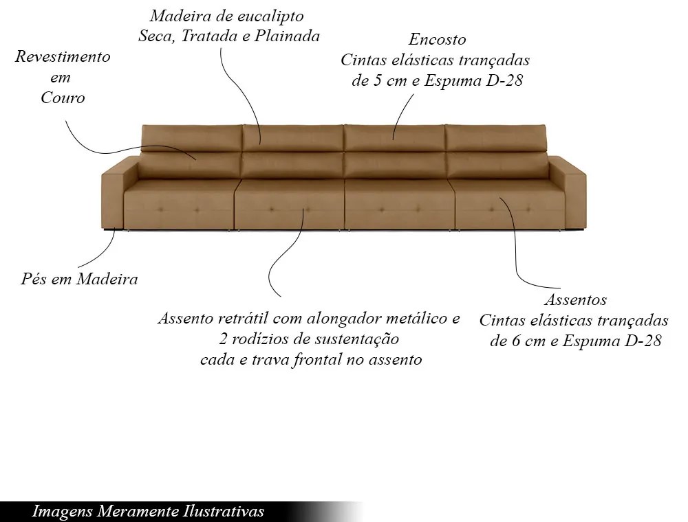 Sofá Retrátil 8 Lugares 484cm 4 Módulos Nero Couro Caramelo G52 - Gran Belo
