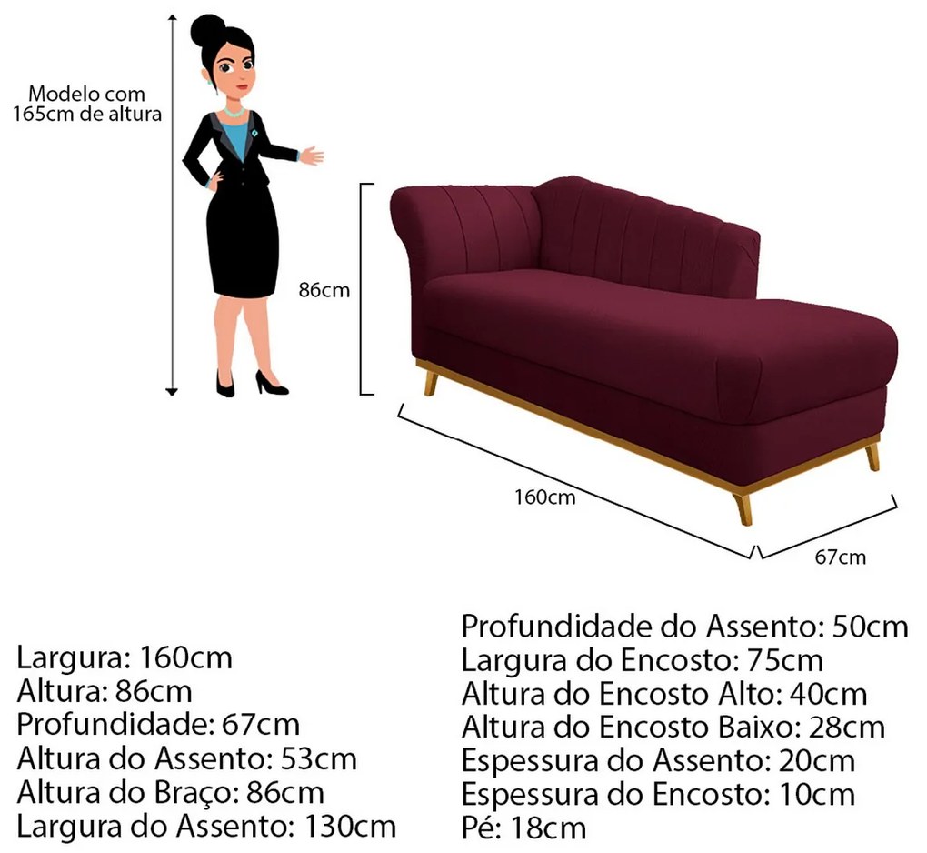 Recamier Vanessa 160cm Lado Esquerdo Suede Bordô - ADJ Decor