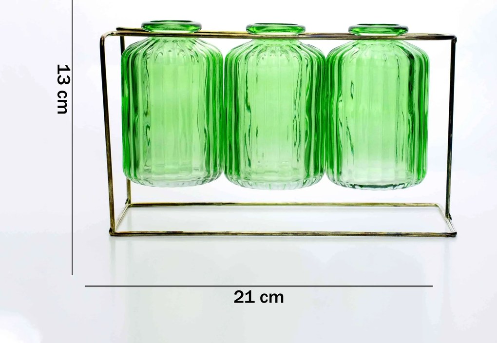 Kit Com 3 Vasos de Vidro Verde Com Suporte Dourado 13x21 Cm - D'Rossi