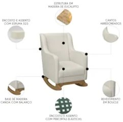 Poltrona Amamentação Base Madeira Balanço Vick Bouclê Off F03 - Mpozen