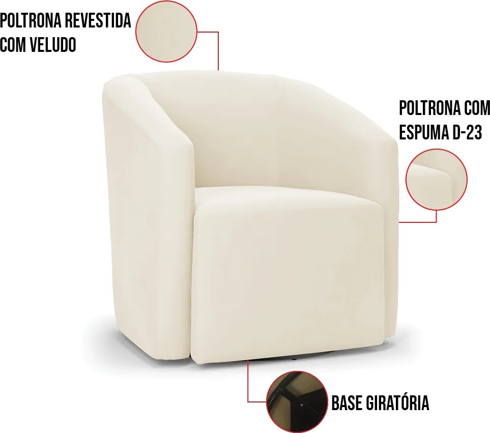 Poltrona Decorativa Base Giratória Kit 2 Stella Max Veludo Bege D03 - D'Rossi