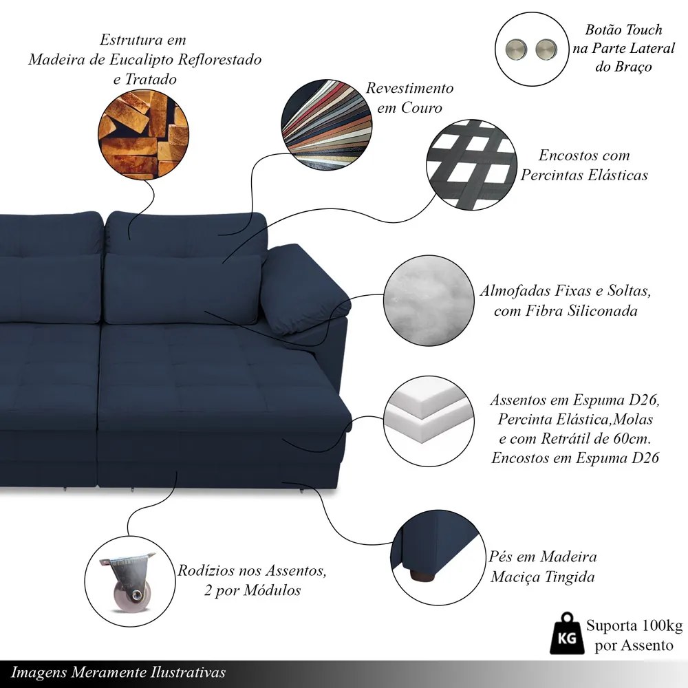 Sofá Retrátil Elétrico Sala de Estar Nolan Bipartido 175cm Conforto Premium em Couro Azul Marinho G58 - Gran Belo