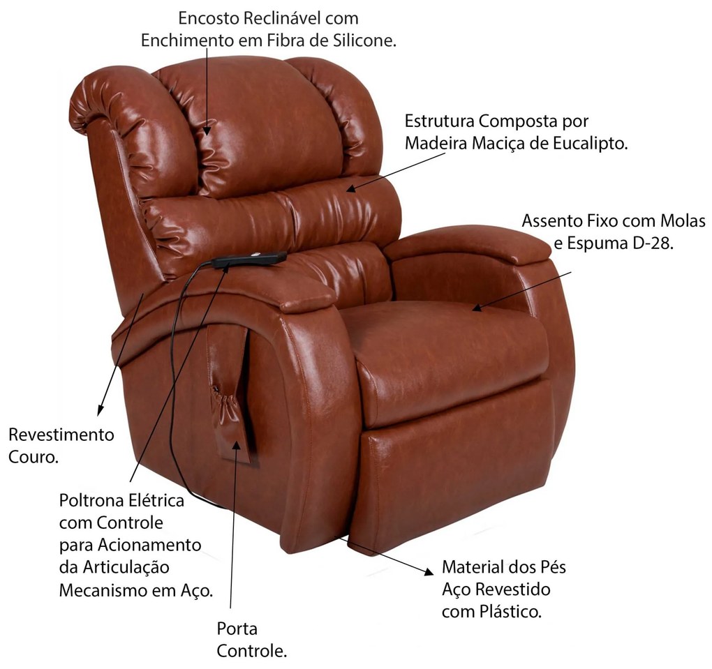 Poltrona do Papai Reclinável Elétrica com Controle Sala de Estar Oasis PU Sintético Caramelo Brilho G23 - Gran Belo