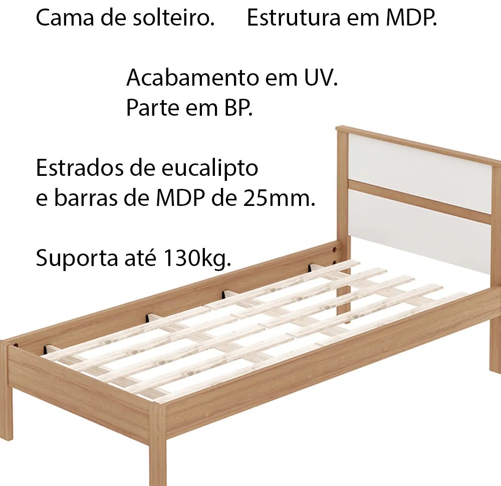 Cama de solteiro MDP CM8004 Amendoa/Branco G69 - Gran Belo