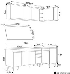 Armário de Cozinha Modulado de Canto Esquerdo 4 Peças CP50 Balcão com
