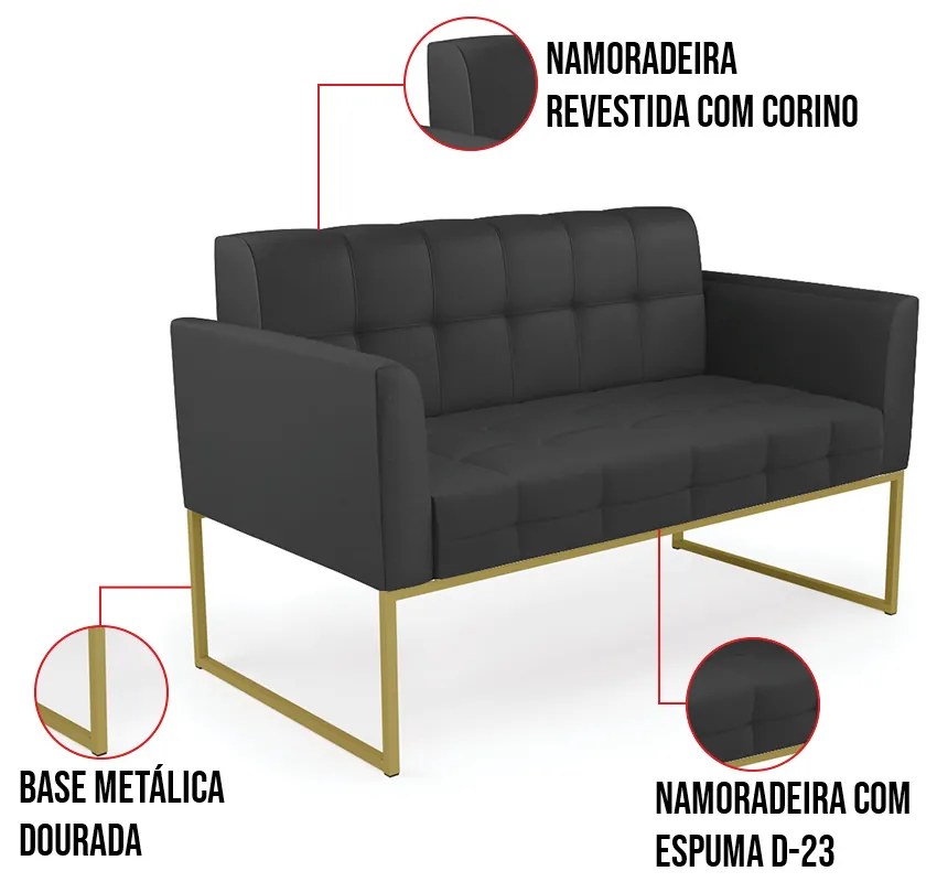 Kit 1 Sofá Namoradeira e 1 Poltrona Elisa Corino Base Metálica Industrial Dourado D03 - D'Rossi - Preto