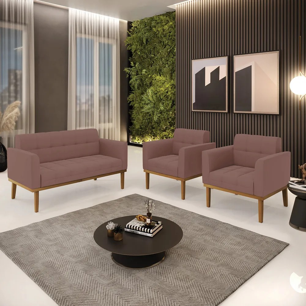 Conjunto 2 Poltronas e 1 Namoradeira Decorativa Karen Pés Fixo em Madeira Castanho Veludo Rose G19 - Gran Belo