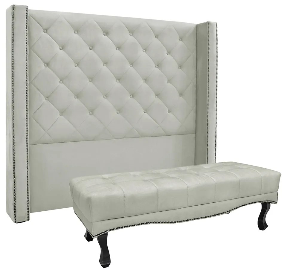 Cabeceira Cama Box Queen 160cm e Recamier Vicenza Veludo S04 - D'Rossi - Prata