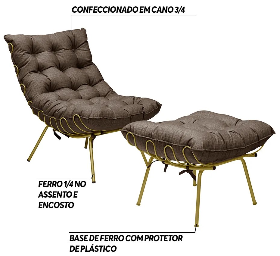Conjunto Decorativo Poltrona e Puff Abel Base de Ferro Dourada Linho Marrom G41 - Gran Belo