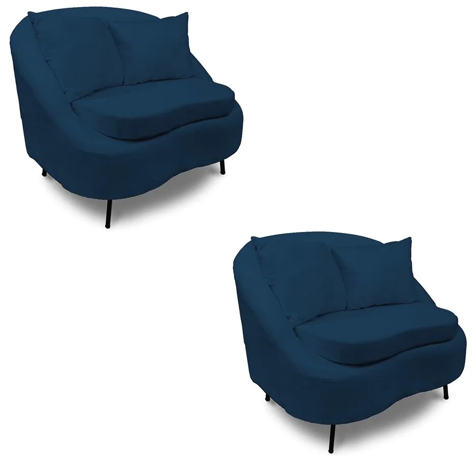 Poltrona Decorativa Orgânica Pé Ferro Preto Kit 2 Zaya Bouclê C05 - D'Rossi - Azul