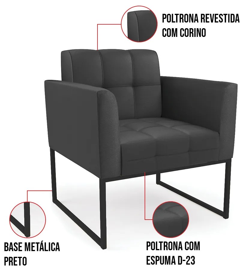 Kit 1 Sofá Namoradeira e 1 Poltrona Elisa Corino Preto Base Metálica Industrial Preto D03 - D'Rossi