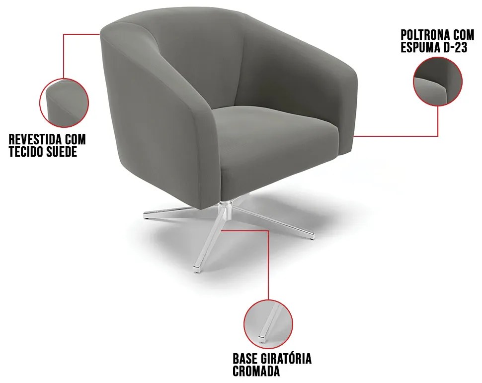 Poltrona Decorativa Giratória Cromada Stella Suede D03 - D'Rossi - Grafite