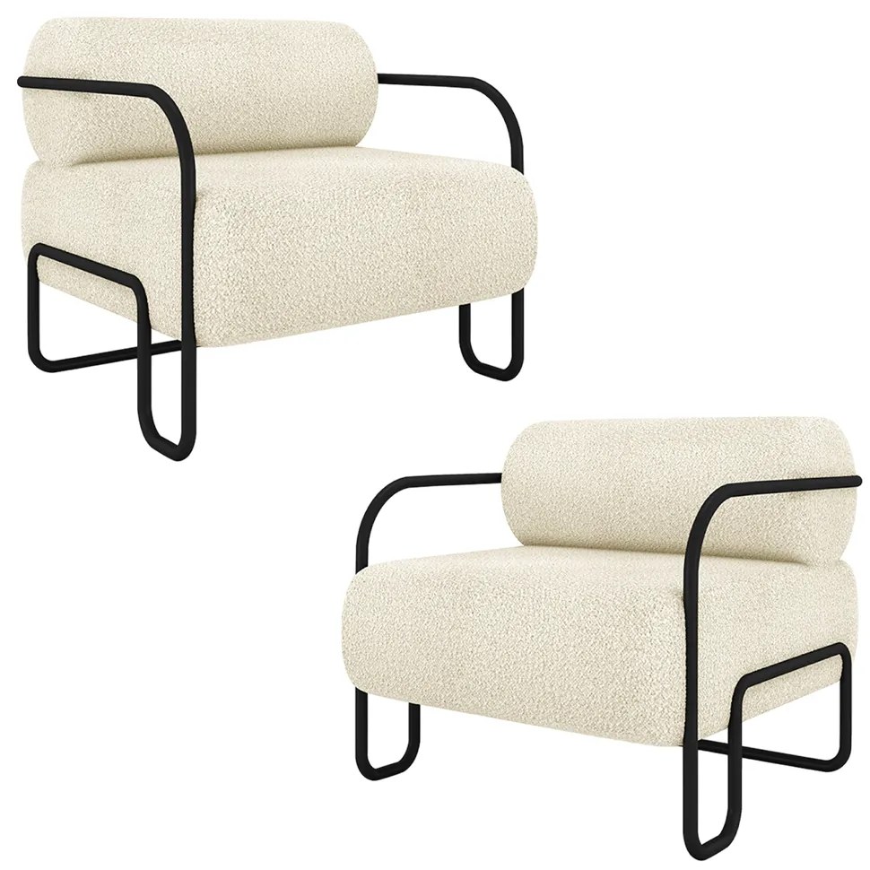 Kit 2 Poltronas Decorativas Sala de Estar Polatsk Base Industrial de Ferro Bouclê Off White G33 - Gran Belo