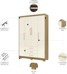Guarda Roupa Solteiro 150cm 4 Portas Otto Nature/Champanhe V02 - Mpoze