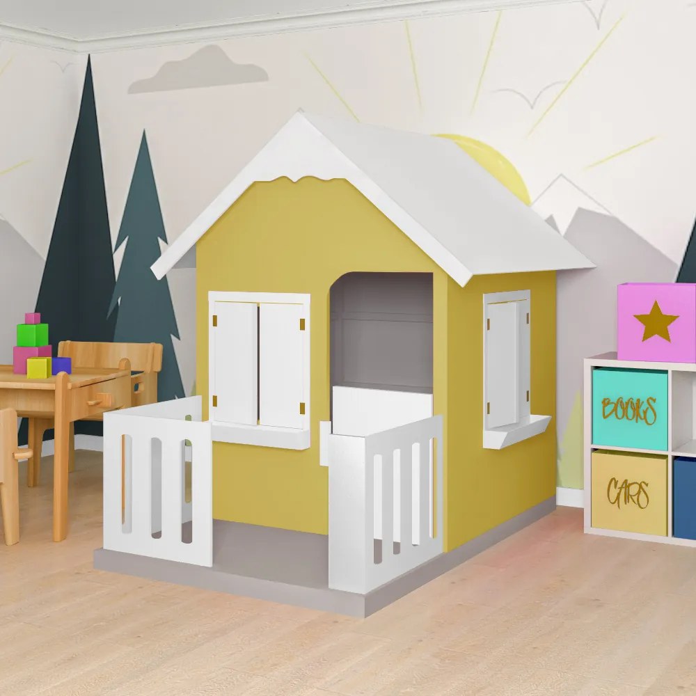 Casinha De Brinquedo Com Cercado Floreiros MDF Amarelo/Branco L12 - Gran Belo