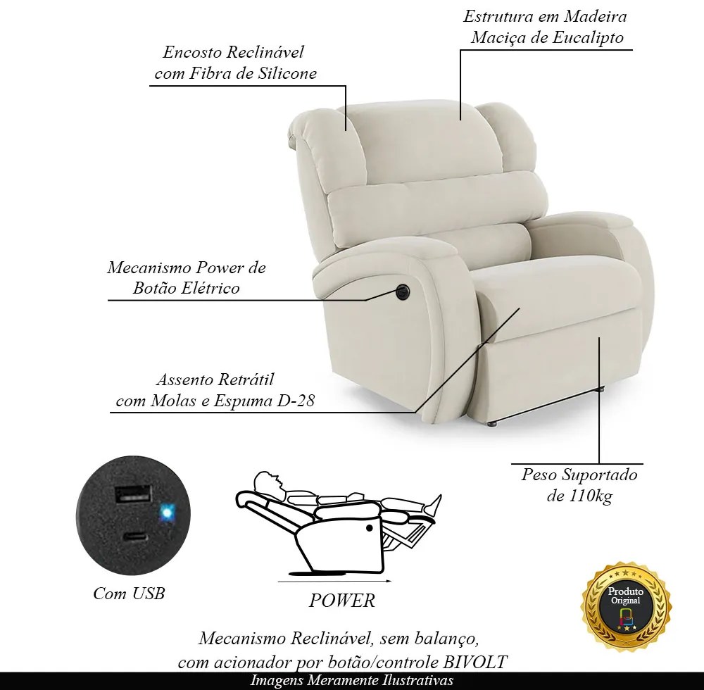 Poltrona do Papai Sala de Cinema Reclinável Kylie Power Elétrica USB Veludo Bege G23