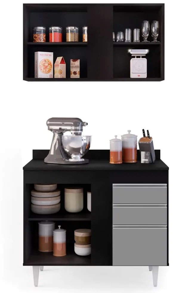 Kit Armário Aéreo e Balcão de Cozinha Lavanderia Aurora com Tampo 100 cm - D'Rossi - Preto e Cinza