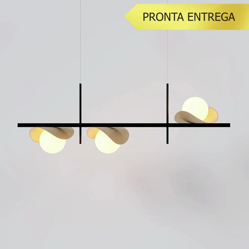 Pendente Calandra Assimétrico Linear 27X21X80Cm Alumínio E Globo Ø10Cm... (PRETO, FOSCO)