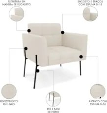 Poltrona Para Sala Pé Metal Preto Kit 2 Ana Linho Bege - Ibiza