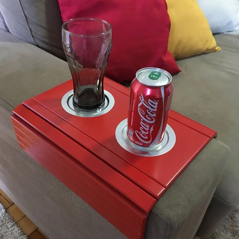 Bandeja Esteira para Braco de Sofa Porta Copo Aluminio Vermelho - D'Rossi