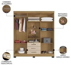 Guarda Roupa Casal com Espelho 6 Portas Reino Unido Carvalho/Off White