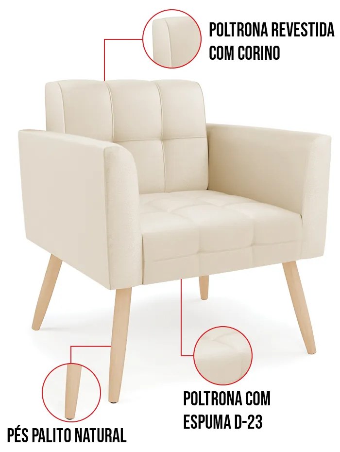 Kit 1 Sofá Namoradeira e 2 Poltronas Elisa Corino Pés Palito Natural D03 - D'Rossi - Bege