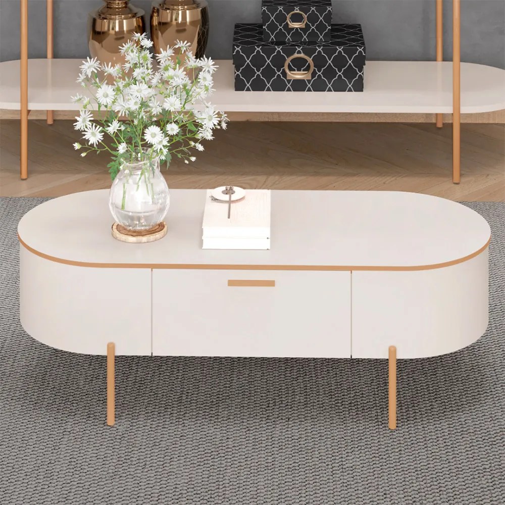Mesa de Centro Bento com 1 Gaveta Pés Metálicos Dourados G18 - Gran Belo - OffWhite