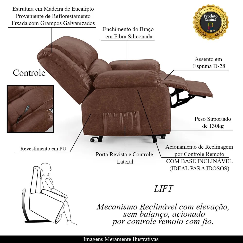 Poltrona do Papai Reclinável Sala de Cinema Madrid Elevação Lift Elétrico PU Marrom Brilho G23 - Gran Belo