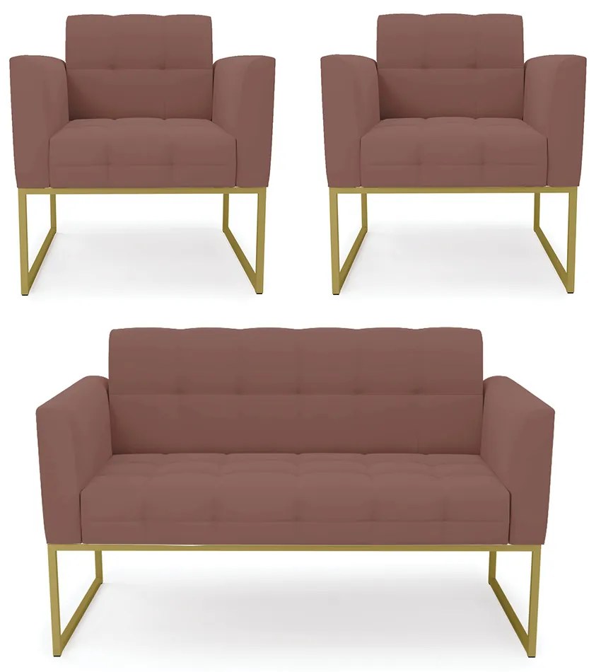 Kit 1 Sofá Namoradeira e 2 Poltronas Elisa Veludo Base Metálica Industrial Dourado - D'Rossi - Rose