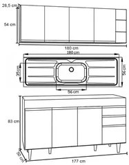 Armário Aéreo Nevada e Balcão Gabinete 180cm Com Pia Dallas Branco - L