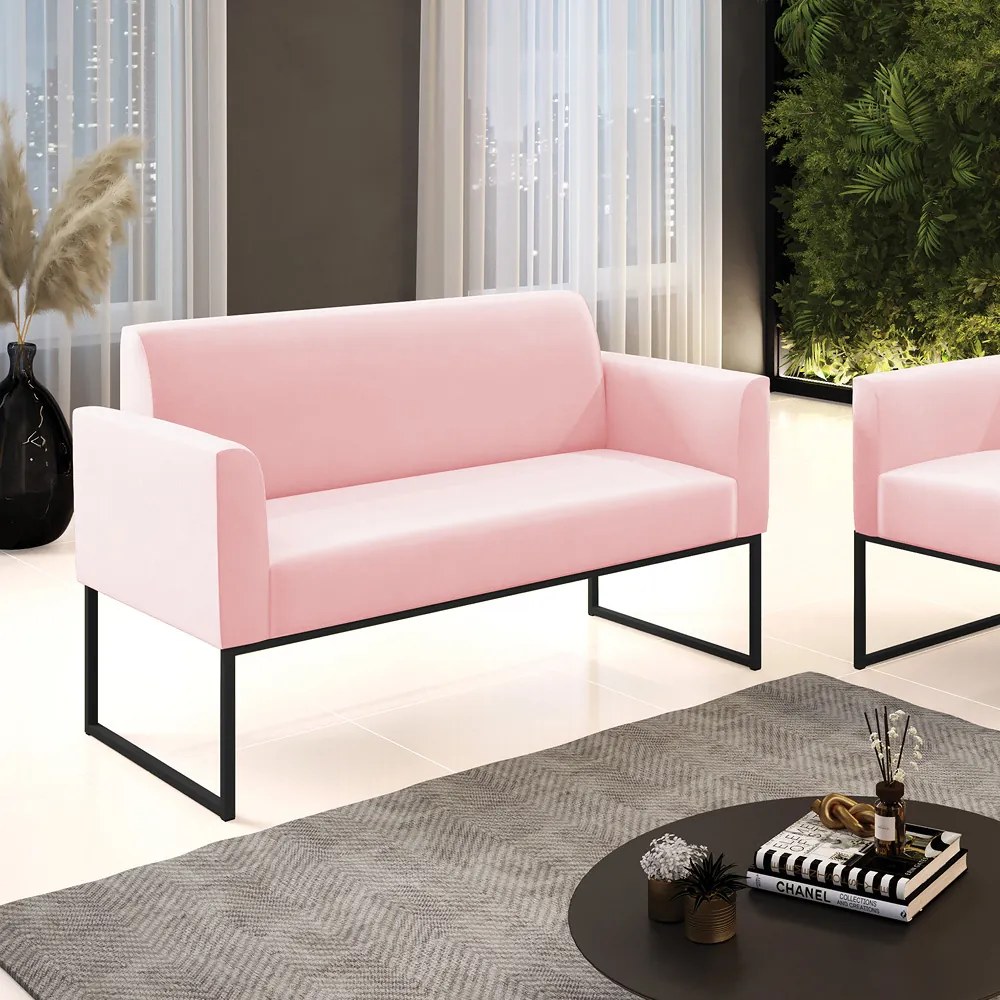 Sofá Namoradeira Base Industrial Preto Marisa Suede D03 - D'Rossi - Rosa Bebê