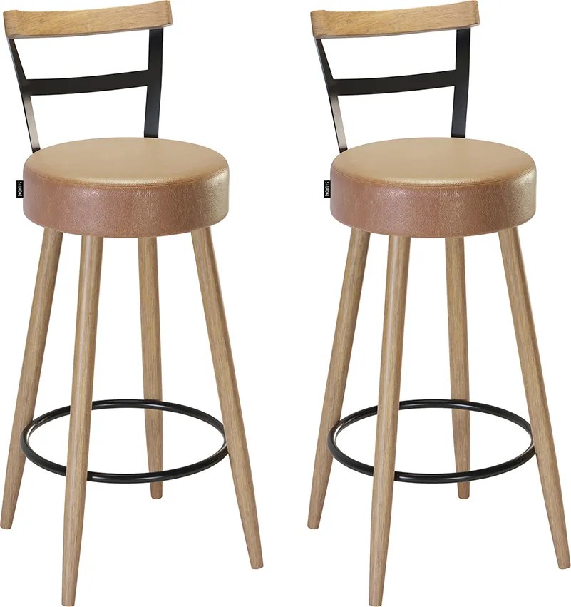 Banqueta Alta Cozinha 70cm Encosto Pé Madeira Kit 2 Kyara Pu S02 - D'Rossi - Caramelo