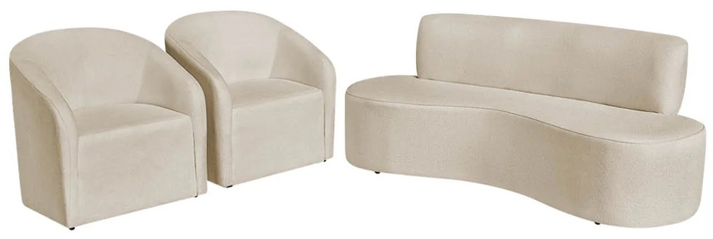 Kit Sofá Curvo Amsterdã 140cm e 2 Poltronas Luiza Max Bouclé