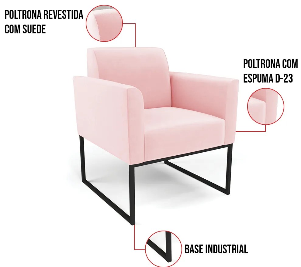Kit 2 Poltronas Base Industrial Preto Marisa Suede - Rosa Bebê