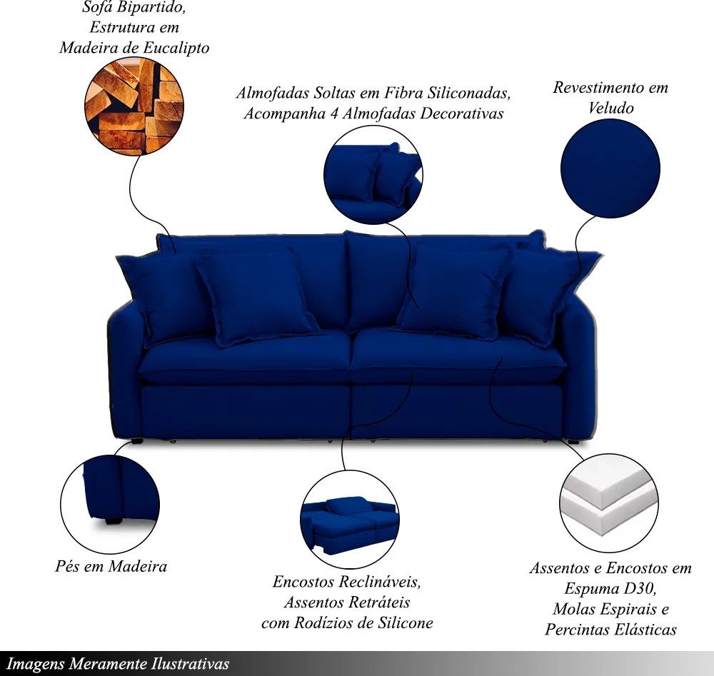 Sofá Bipartido 250cm Retrátil Reclinável Almofadas Caixa Zero Sydney Veludo Azul G93 - Gran Belo