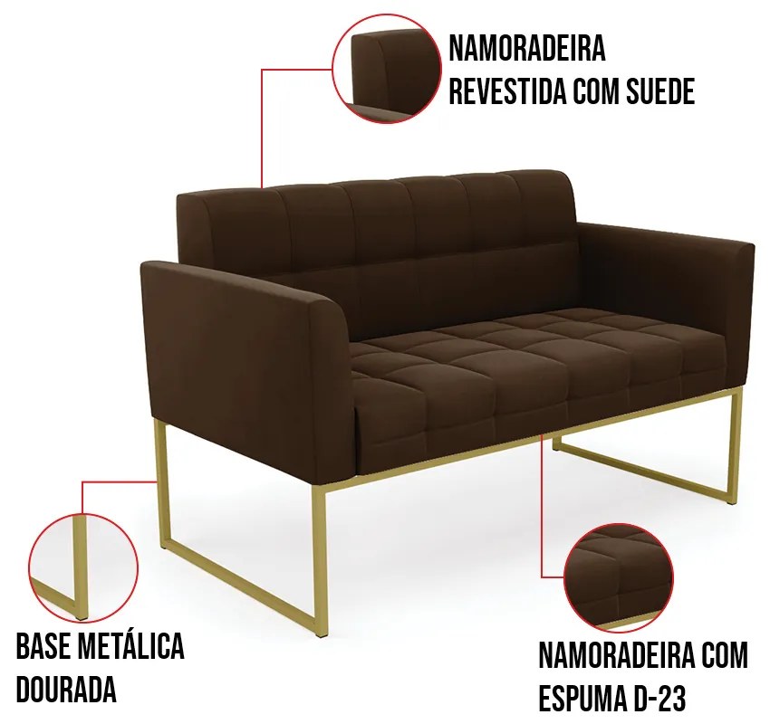 Kit 1 Sofá Namoradeira e 2 Poltronas Elisa Suede Base Metálica Industrial Dourado D03 - D'Rossi - Marrom