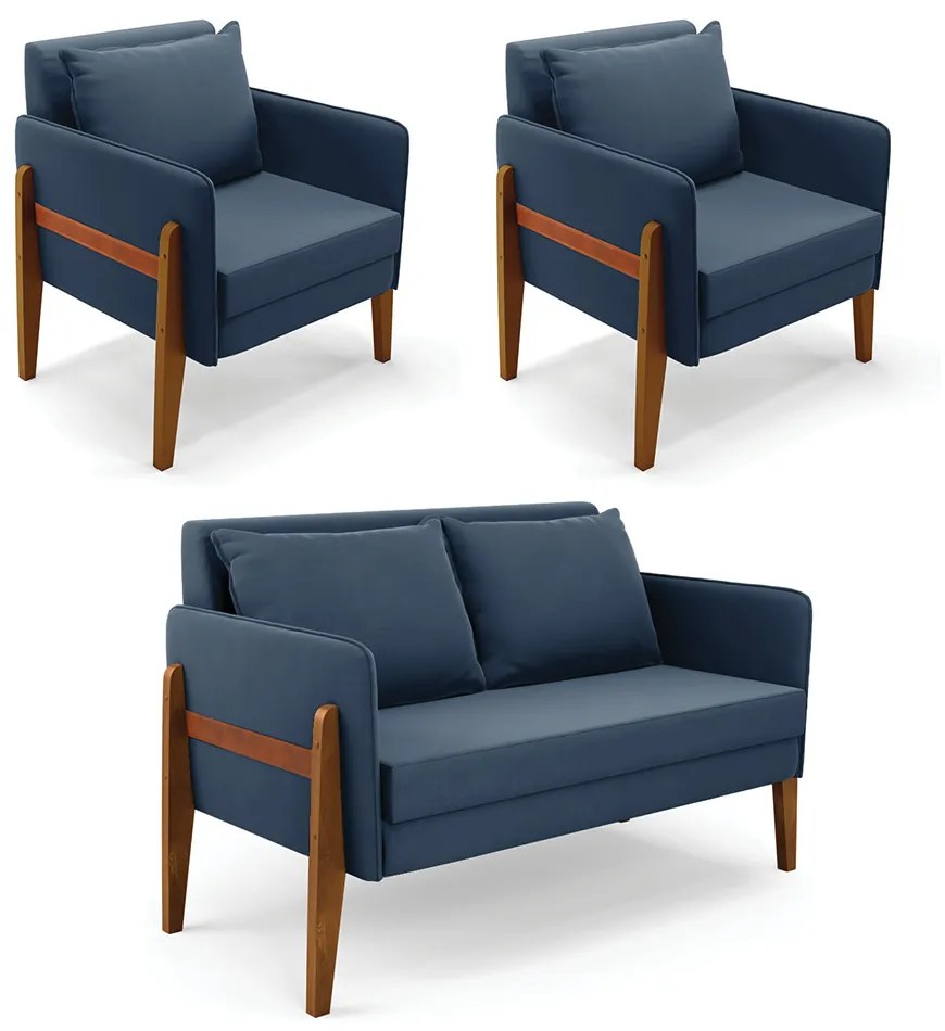 Kit 1 Sofá Namoradeira e 2 Poltronas Lana Suede Azul Marinho Base de Madeira - D'Rossi