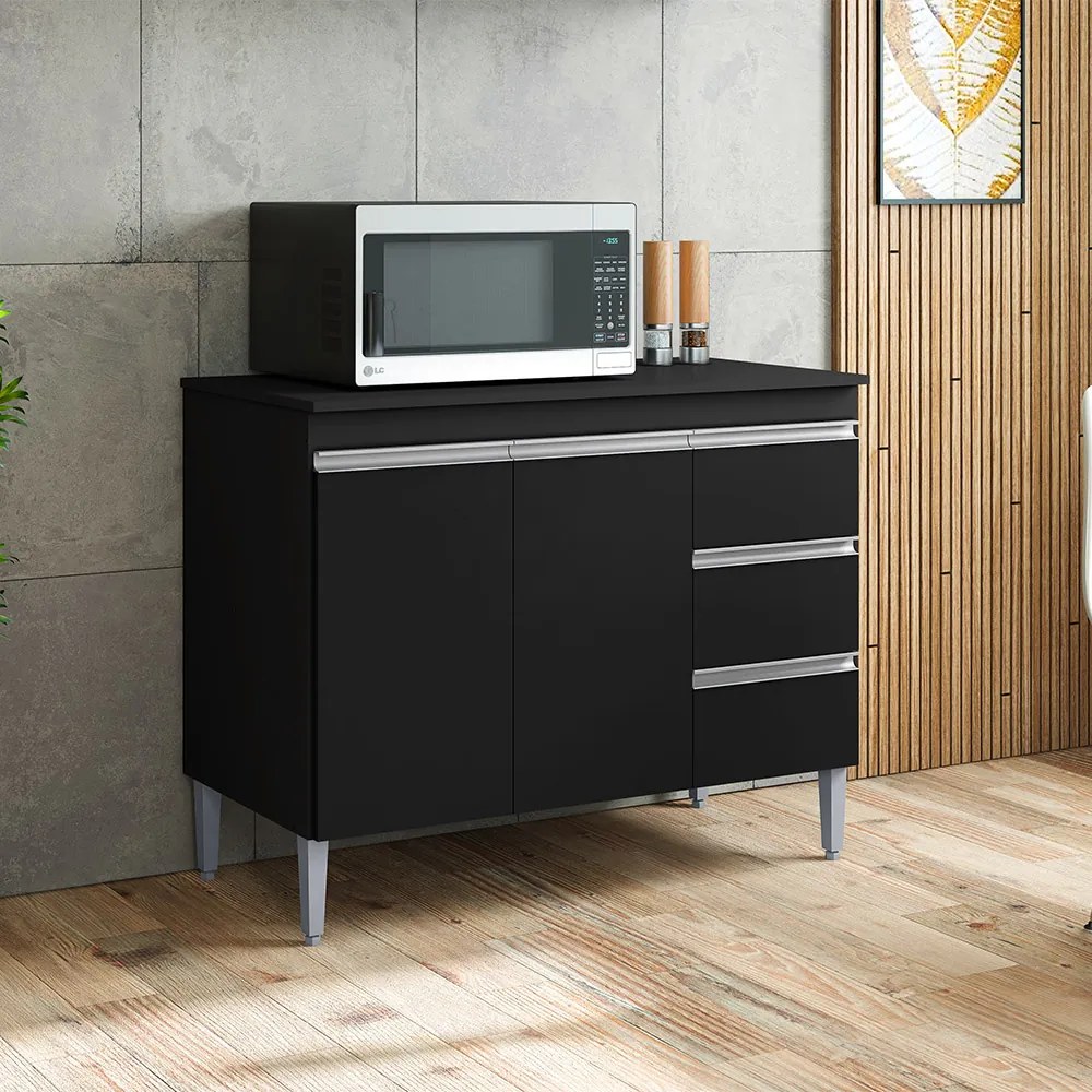 Balcão Cozinha com Tampo 100cm 3 Gavetas Leticia A01 - D'Rossi - Preto