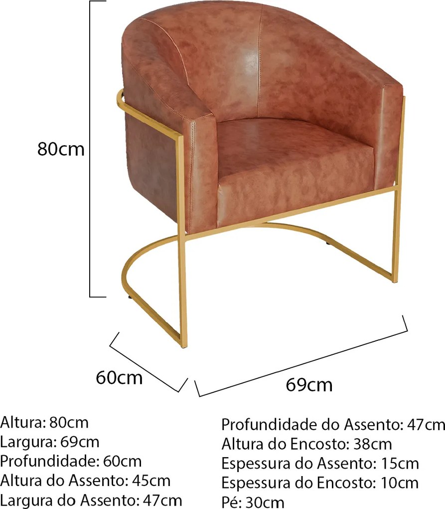 Poltrona Luiza Base de Ferro Dourado Sintético Nozes - ADJ Decor