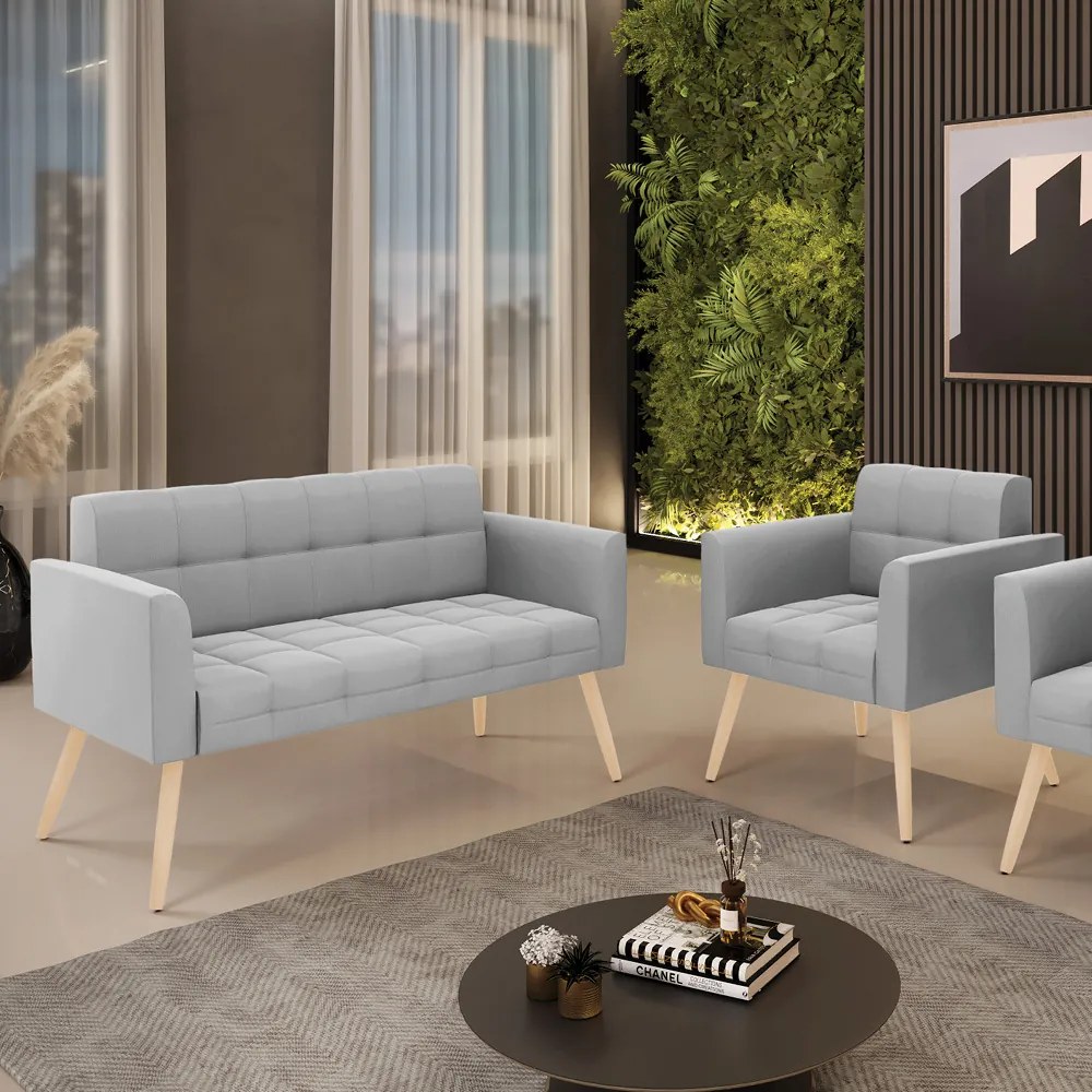 Kit 1 Sofá Namoradeira e 1 Poltrona Elisa Suede Pés Palito Natural - D'Rossi - Cinza