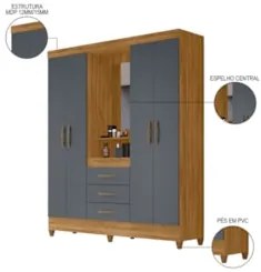 Guarda Roupa Solteiro Capelinha com Espelho 204cm Caprese Z17 Freijó/C