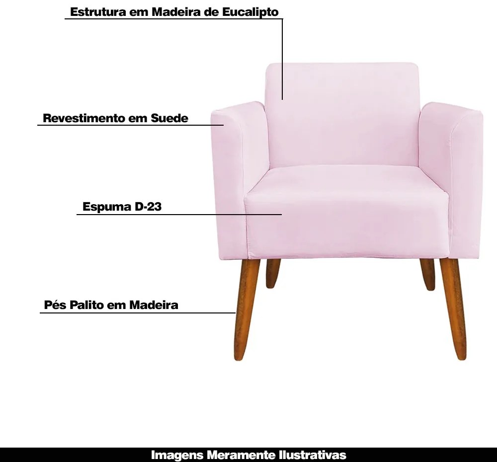 Kit 02 Poltronas Decorativas Isabella Pés Palito Madeira Suede Rosa Bebê G19 - Gran Belo