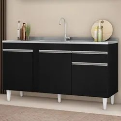 Balcão Gabinete com Pia Inox 150cm 3 Portas 1 Gaveta Dakota Preto - Lu