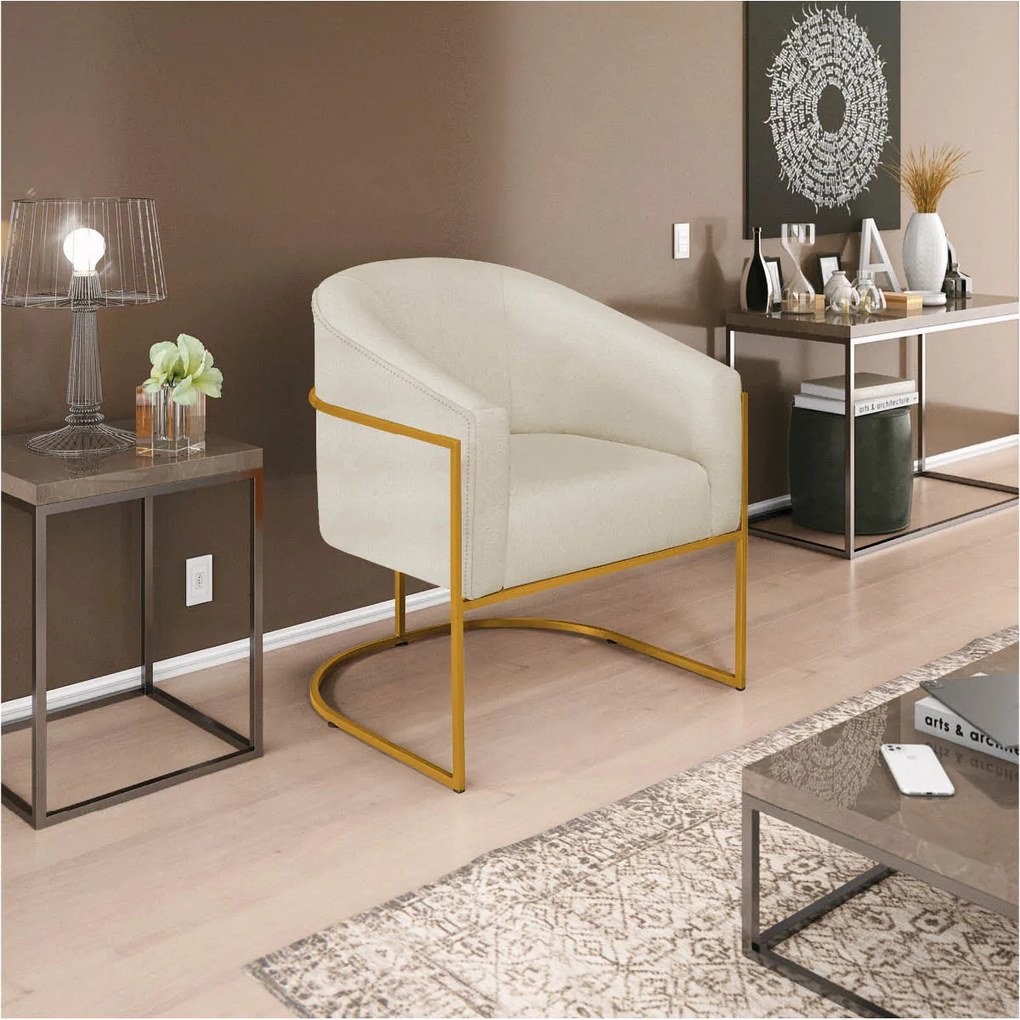 Kit 02 Poltronas Luiza Base de Ferro Dourado Linho - ADJ Decor