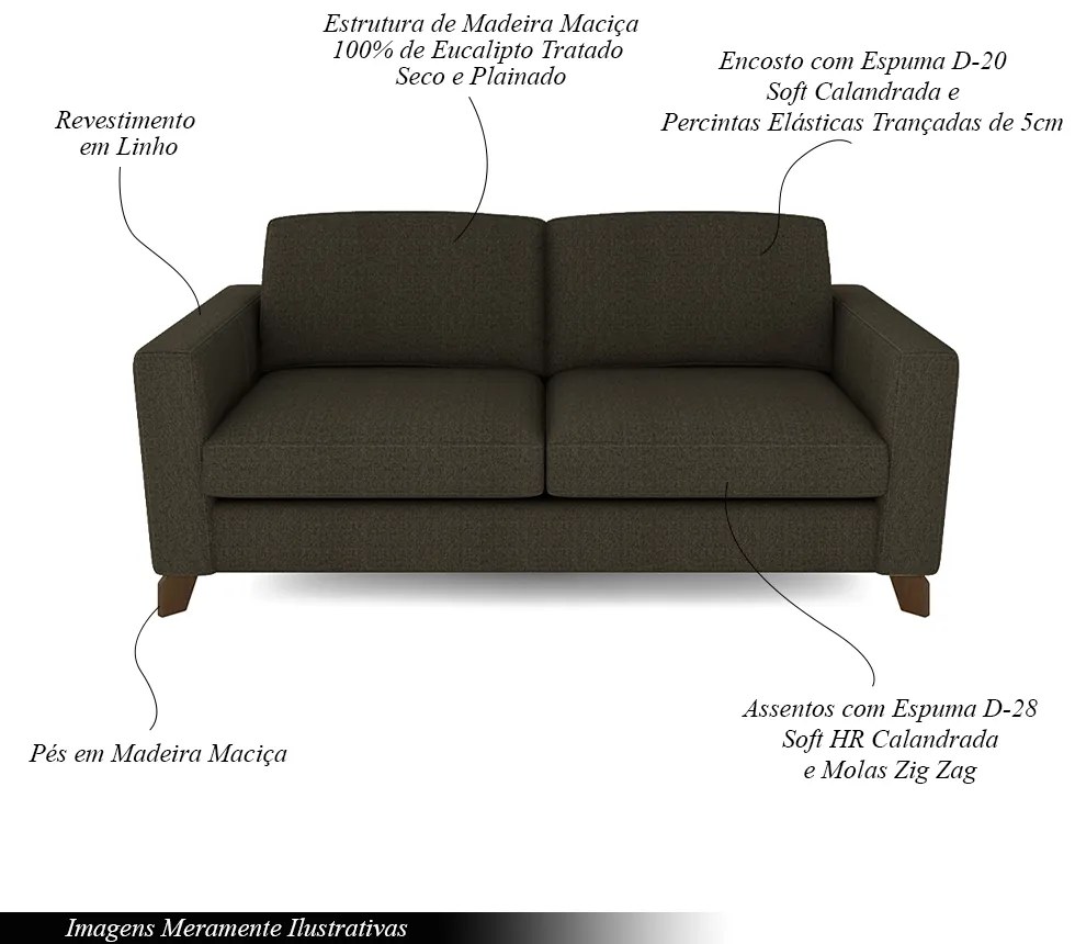 Sofá Sala de Estar Living 3 Lugares 280cm Presley Pés Madeira Linho Marrom G52 - Gran Belo